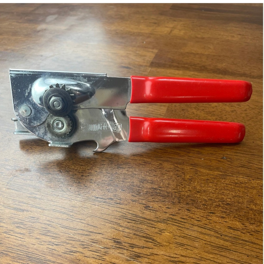 Swing-A-Way Portable Handheld Can Opener Red Cushion Grip Chrome Steel USA Made